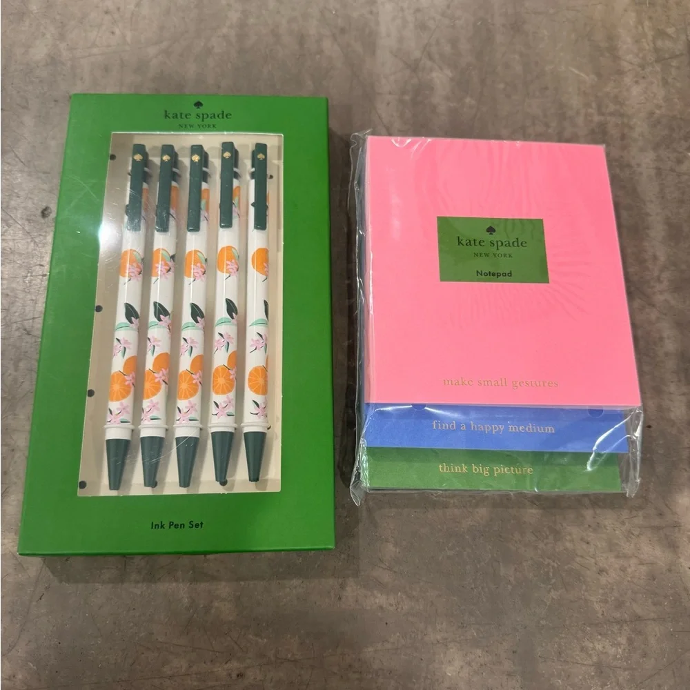 Kate Spade citrus Ink Pen Set of 5  w/ trio of Pink,Blue &green printed Notepads